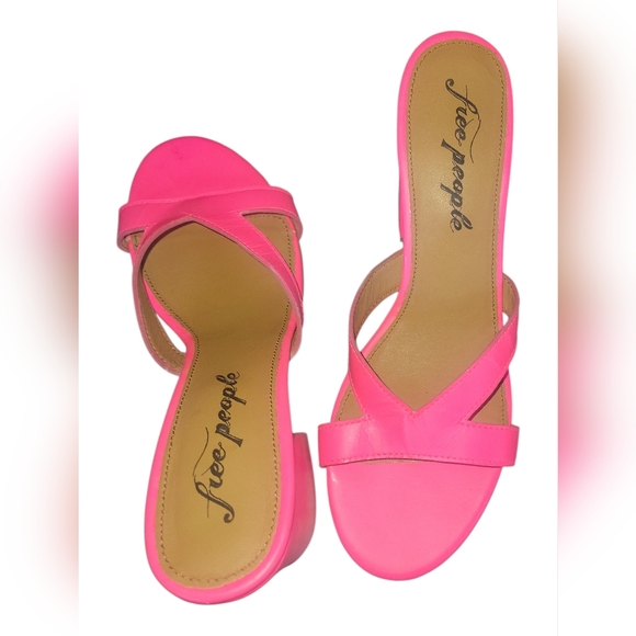 Free People Neon Pink Block V Heel Open Toe Sandals Sz 40 - Picture 6 of 9